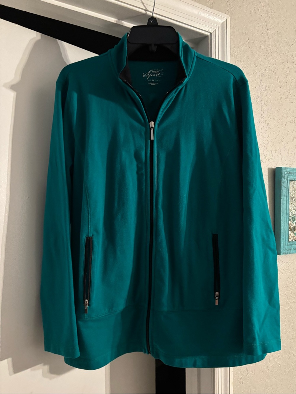 Style & CO Teal With Black Trim Full-Zip Women's Warm Up Jacket - 1X